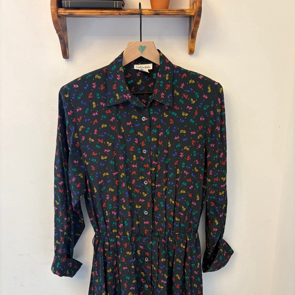 Vintage Garfinckel’s Black Geometric Print Silk Shirt Dress Size 10